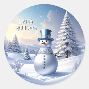 Blaue Mützen-Schneemann-Weihnachtsbaum-Feiertags-A Runder Aufkleber