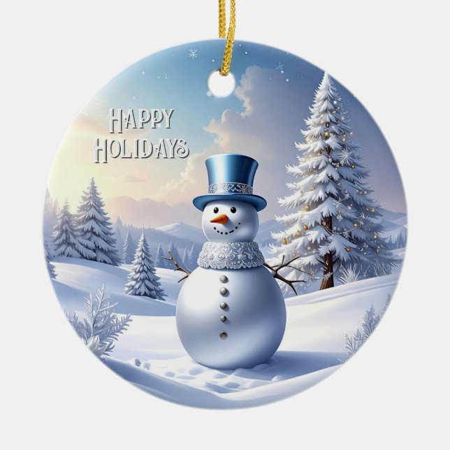 Blaue Mützen-Schneemann-Weihnachtsbaum-Weihnachtss Keramik Ornament (Vorne)