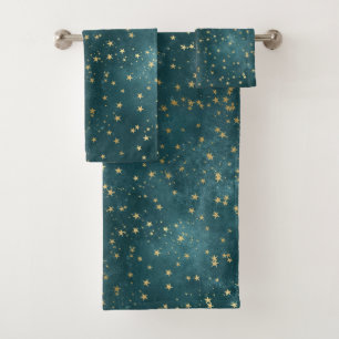 Blaue Nacht - aquamarines Goldsternmuster Badhandtuch Set
