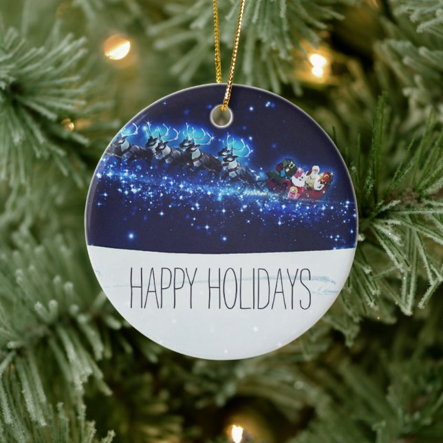 Blaue Nacht mit dem Weihnachtsmann, Rentier und Sc Keramik Ornament (Baum)