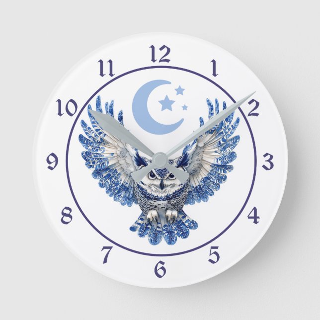 Blaue Nachteule und Mond Runde Wanduhr (Vorderseite)