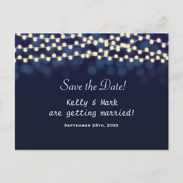 Blaue Nachthimmel-Lichterkette Save Date Postkarte (Vorderseite)