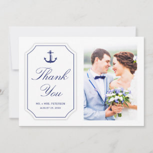 Blaue nautische Anker auf weißem Foto-Hochzeit Dankeskarte