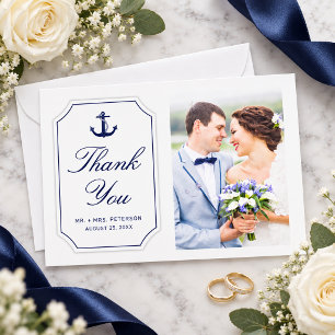 Blaue nautische Anker auf weißem Foto-Hochzeit Dankeskarte