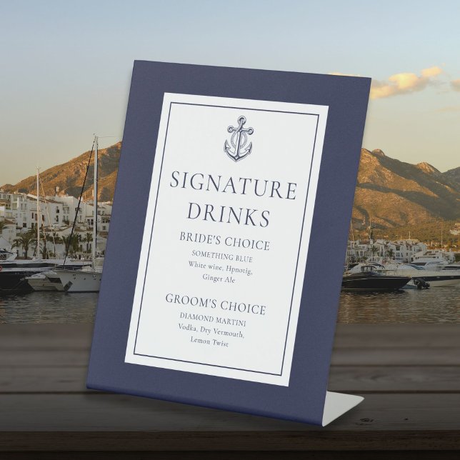 Blaue Nautische Signaturgetränke Sockelschild (Navy Blue Nautical Anchor Signature Drinks Pedestal Sign)