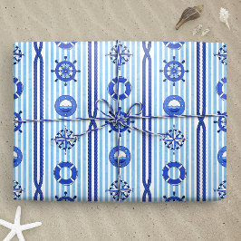 Blaue nautische Streifen mit maritimen Motiven Geschenkpapier