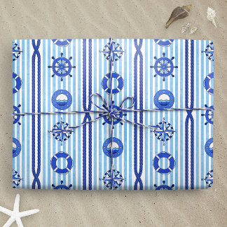 Blaue nautische Streifen mit maritimen Motiven Geschenkpapier