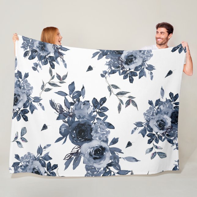 Blaue Navy Blumen auf Weiß Fleecedecke (Beispiel)