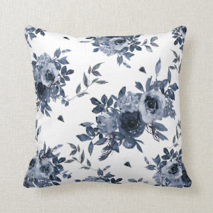 Blaue Navy Blumen auf Weiß Kissen