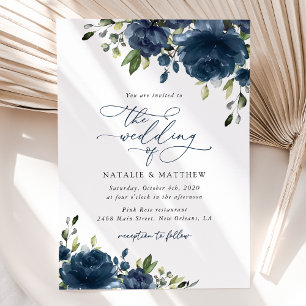 Blaue Navy Blumen, Grüne, Boho, Blumenhochzeit Einladung