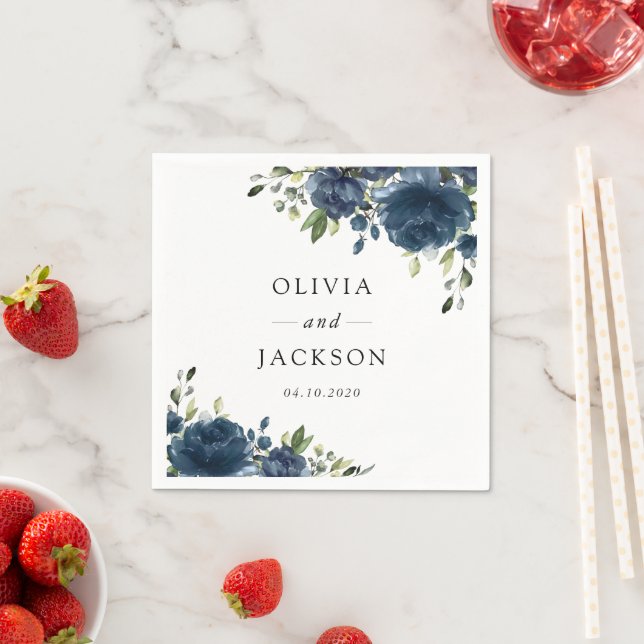 Blaue Navy Blumen, Grüne, Boho, Blumenhochzeit Serviette (Beispiel)