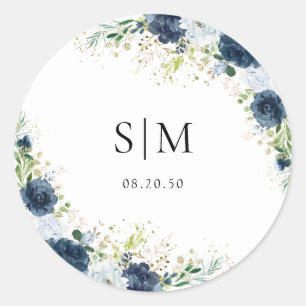 Blaue Navy-Blumen-Hochzeit Klassischer Runder Aufk Aufkleber