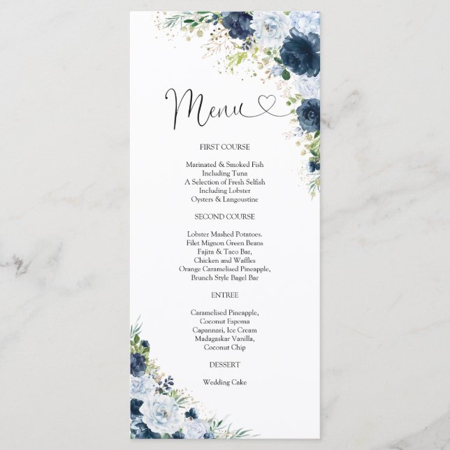 Blaue Navy-Blumen-Hochzeitsmenü Menükarte (Vorderseite)