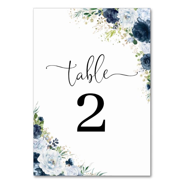 Blaue Navy Blumen Hochzeitstischnummern Tischnummer (Vorderseite)