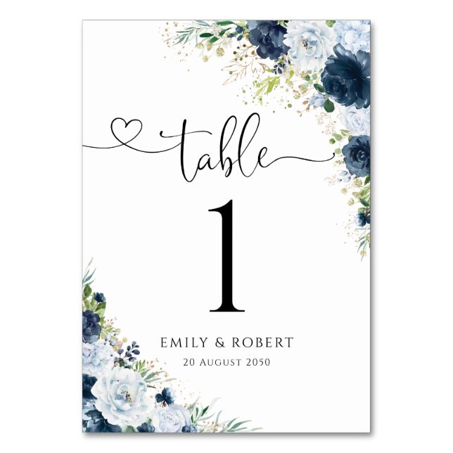 Blaue Navy Blumen Hochzeitstischnummern Tischnummer (Vorderseite)