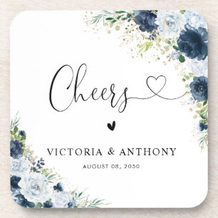 Blaue Navy-Blumen-Quadrat-Hochzeitsuntersetzer Getränkeuntersetzer