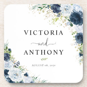 Blaue Navy-Blumen-Quadrat-Hochzeitsuntersetzer Getränkeuntersetzer