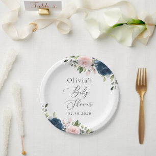 Blaue Navy Blumen, rosa Blume, Babydusche Pappteller