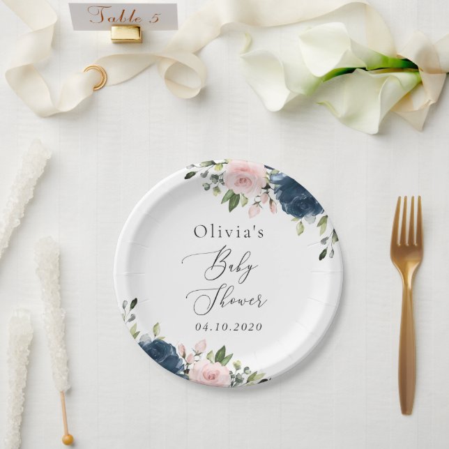 Blaue Navy Blumen, rosa Blume, Babydusche Pappteller (Hochzeit)