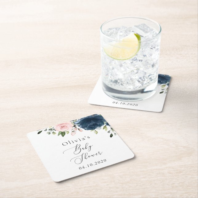 Blaue Navy Blumen, rosa Blume, Babydusche Rechteckiger Pappuntersetzer (Vor Ort)