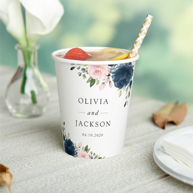 Blaue Navy Blumen, rosa Blume, Blumenzehen Pappbecher (In Situ)