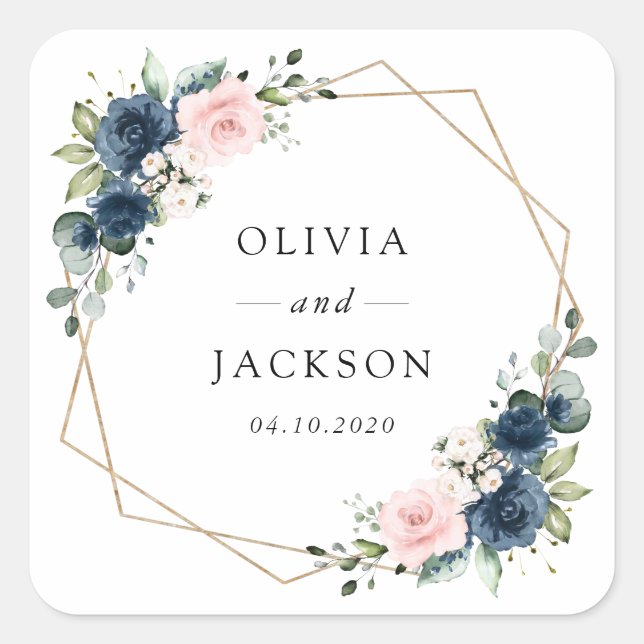 Blaue Navy Blumen, rosa Blume, Blumenzehen Quadratischer Aufkleber (Vorderseite)