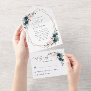 Blaue Navy Blumen, rosa Blume, Boho, Sweet 16 All In One Einladung