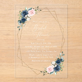 Blaue Navy Blumen, rosa Blume, Brautparty Acryleinladungen