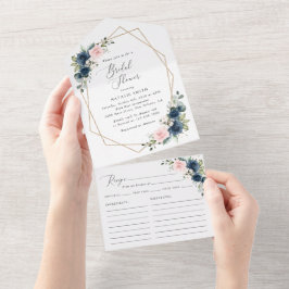 Blaue Navy Blumen, rosa Blume, Brautparty All In One Einladung