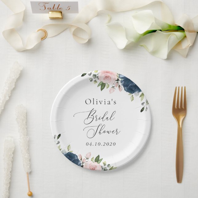 Blaue Navy Blumen, rosa Blume, Brautparty Pappteller (Hochzeit)