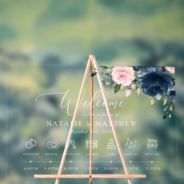 Blaue Navy Blumen, rosa Blume, Hochzeitszeitschrif Acrylschild (Neutral)