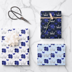 Blaue Navy Blumen und Silberkröne Geschenkpapier Set