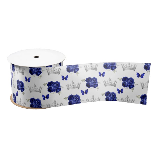 Blaue Navy Blumen und Silberkröne Satinband (Spule)