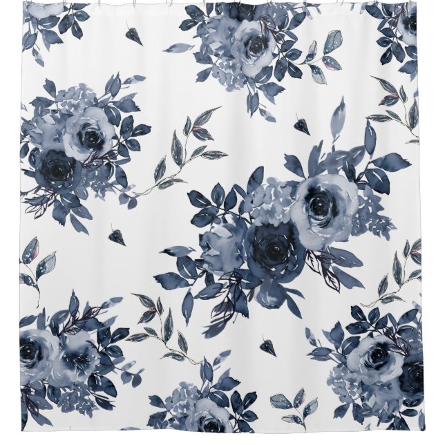 Blaue Navy-Blüten auf Weiß Duschvorhang (Vorderseite)