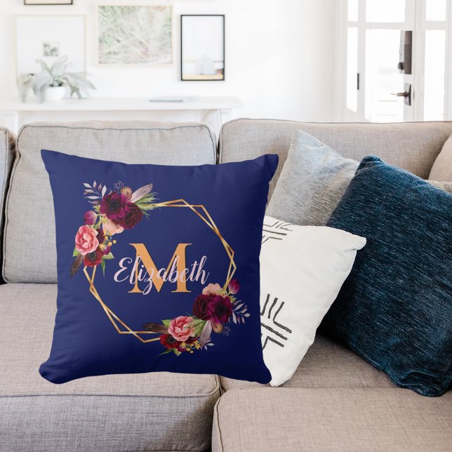 Blaue Navy Florals, goldene geometrische Monogramm Kissen (Von Creator hochgeladen)
