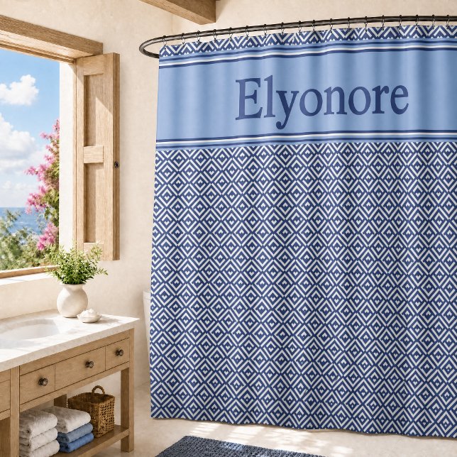 Blaue Navy-Geometrie-Chevron-Name Duschvorhang (Von Creator hochgeladen)