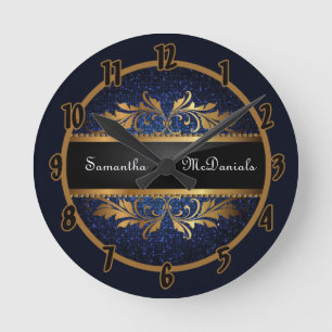 Blaue Navy Glitter Pailletten Disco Personalisiert Runde Wanduhr