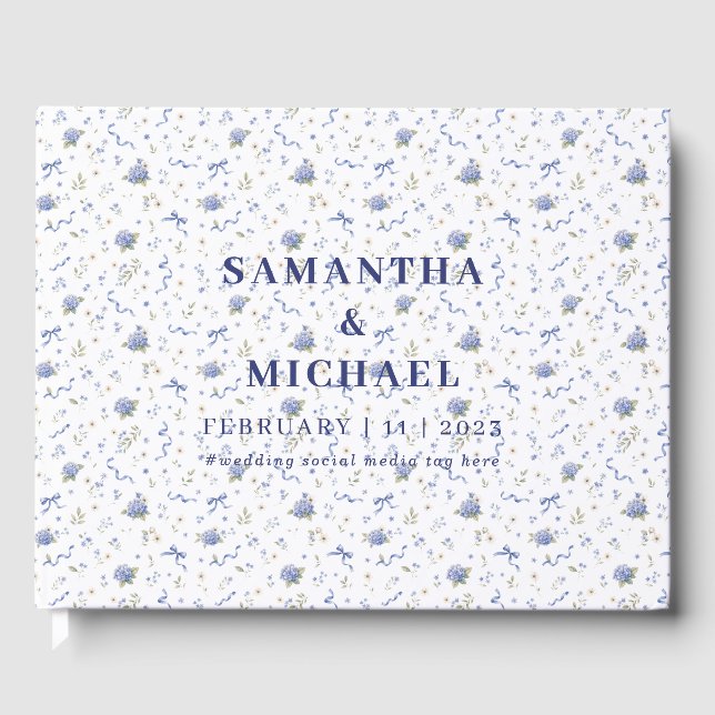 Blaue Navy-Minimal-Blumenmuster-Hochzeit Gästebuch (Vorderseite)