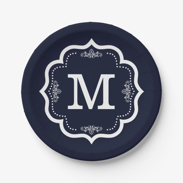 Blaue Navy-Monogramm Pappteller (Vorderseite)
