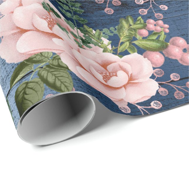 Blaue Navy Pink Roses Woodland Rustikale Blumengrü Geschenkpapier (Rolleneckpunkt)