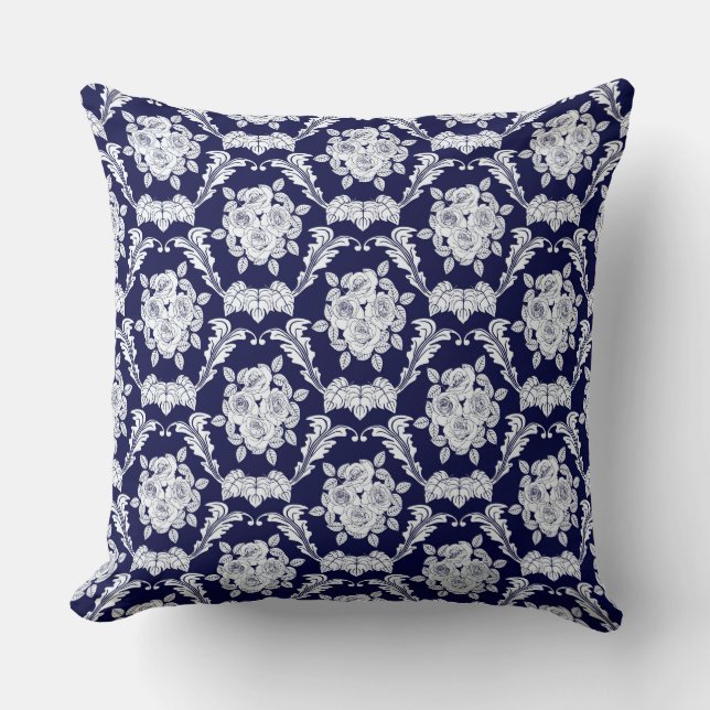 Blaue Navy-Rose/Damask-Reversible Decorations-Pill Kissen (Vorderseite)