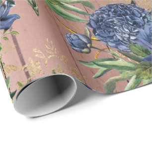Blaue Navy Rose Wood Rustic Blumengrün Hochzeit Geschenkpapier