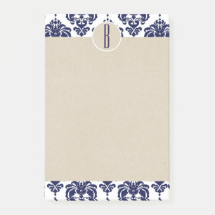 Blaue Navy Weiße Glam Damast Kraft Monogramm Initi Post-it Klebezettel