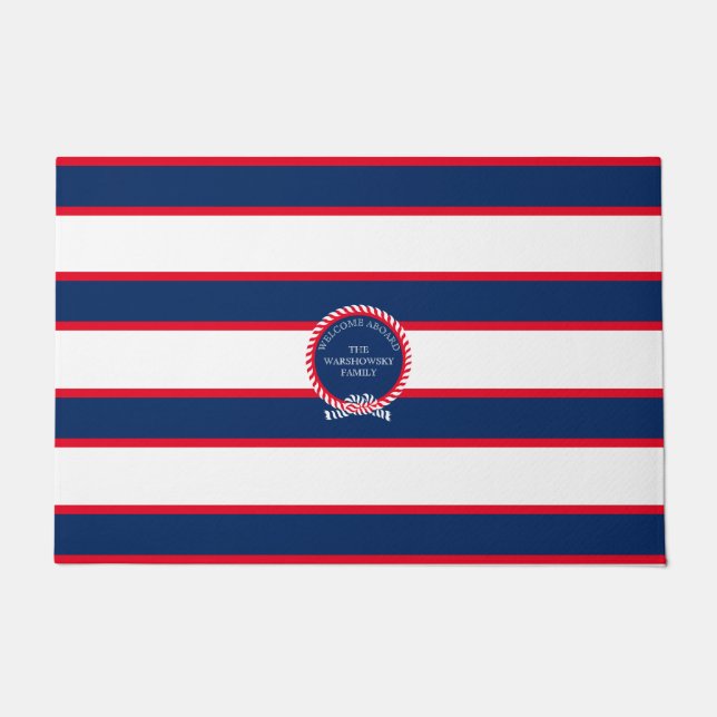 Blaue Navy White Nautical Monogram Strip Fußmatte (Vorderseite)