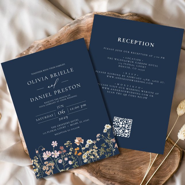 Blaue Navy-Wildblume in einem QR-Code Hochzeit Einladung (Von Creator hochgeladen)