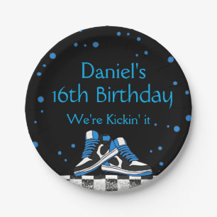 Blaue Neon-Sneaker-Geburtstag, Glitter  Pappteller