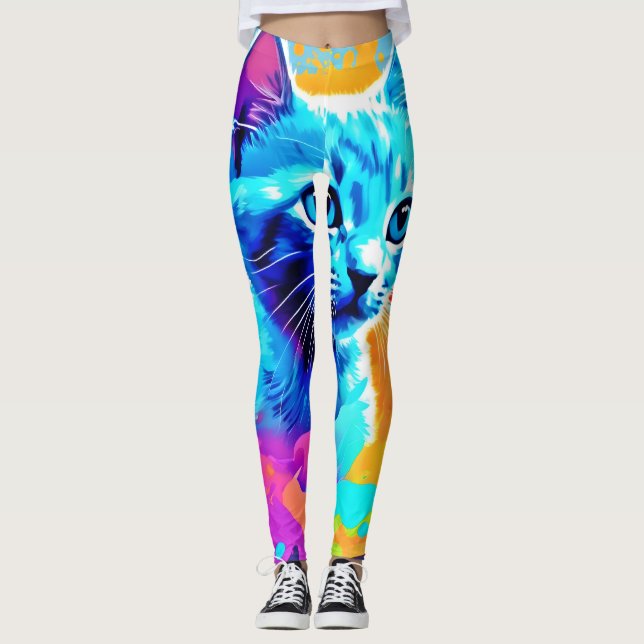 Blaue Neonkatze im Spritzer Leggings (Vorderseite)