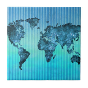 Blaue Neonstreifen der Weltkarte- Fliese