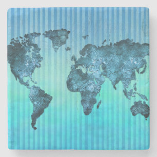 Blaue Neonstreifen der Weltkarte- Steinuntersetzer