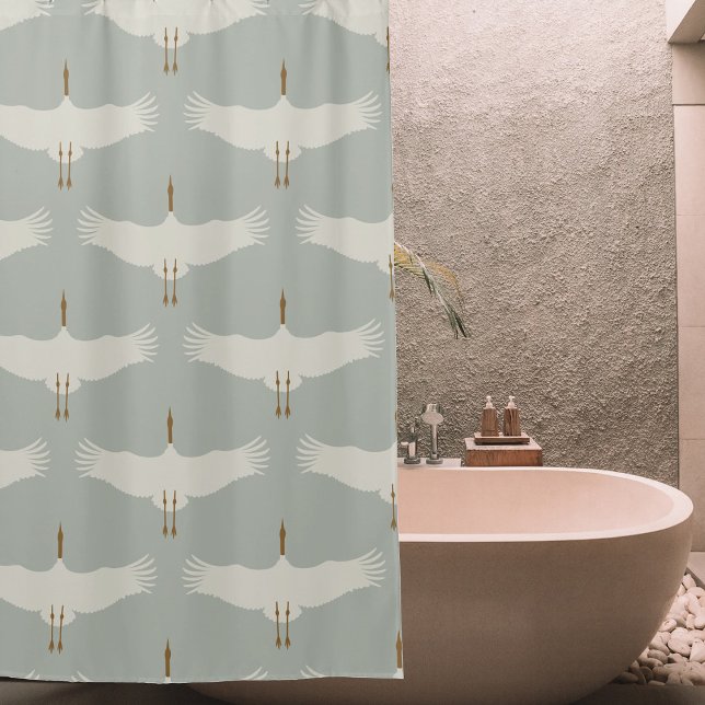 Blaue, neutrale Vogelkrane Art-Déco-Muster Duschvorhang (Dusty Blue Neutral Birds Cranes Art Deco Pattern Shower Curtain)